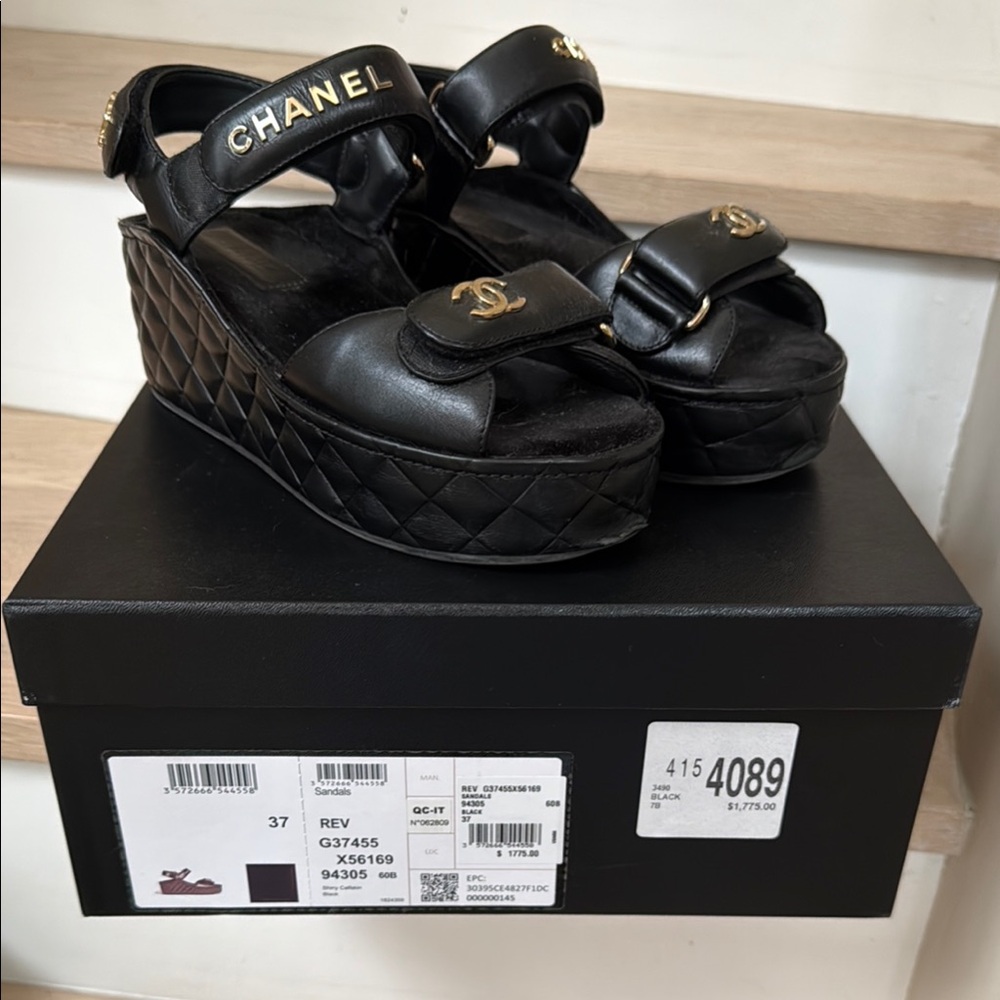 CHANEL Black Chunky Platform Sandals